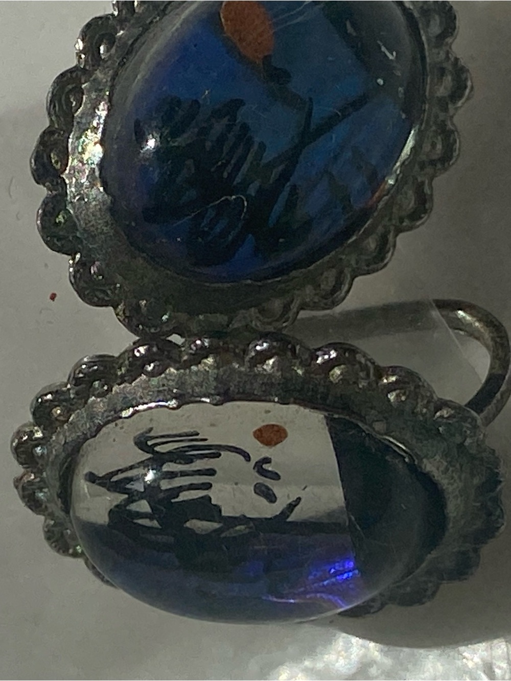 Blue Iridescent Glass Cabochon Silver Tone Earrings - Picture 2 of 7